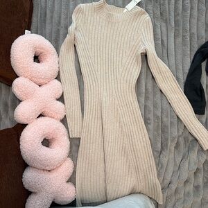 Elegant Beige Ribbed Knit Dress